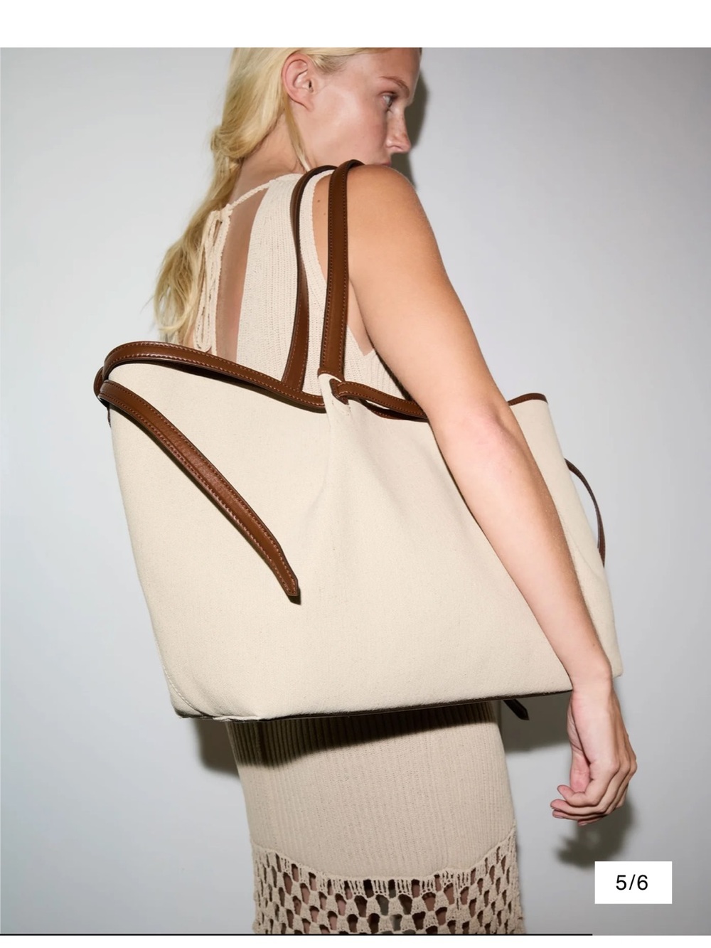 Janessa Leone Cream Canvas Tote with Brown Leather Trim
